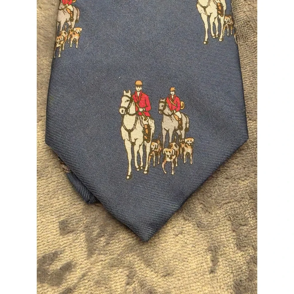 Equus Mens Silk Tie Blue Fox Hunt Equestrian Horseback Riders Hounds HandMade